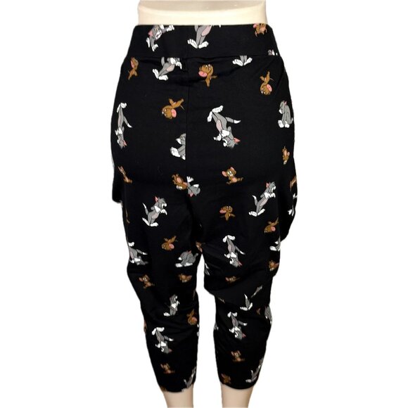Warner Bros +4 Black Stretch High Waist Tom and Jerry Graphic Cotton Crop Pants - Picture 4 of 6